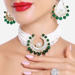 Zaveri Pearls Green Lotus Artificial Stones Embellished Choker Necklace Earring & Ring Set-ZPFK16633-30