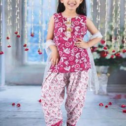 Little Bansi Maroon & White Cotton Floral Print Kurta Set-63