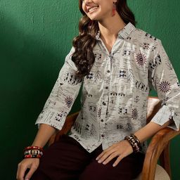 Sangria Warli Printed Shirt Collar Cotton Shirt Style Top-image-75