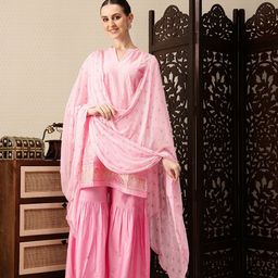 House of Pataudi Indie-Floral Foil Printed Jashn Kurta with Sharara & Dupatta-picture-26