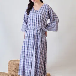 The Kaftan Company Blue Cotton Checks Night Dress-28