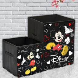 Kuber Industries Set Of 2 Black & White Mickey Mouse Printed Large Foldable Laundry Basket & Small Size Cube-3