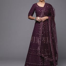 Inddus Burgundy Embroidered Thread Work Semi-Stitched Lehenga & Unstitched Blouse With Dupatta-picture-58