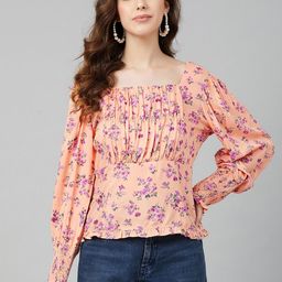 Marie Claire Pink Floral Printed Bishop Sleeves Bardot Top-image-11