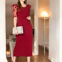 BAESD Cotton Sweetheart Neck Puff Sleeves Sheath Midi Dress-image-11