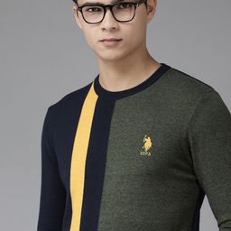 U.S. Polo Assn. Men Navy Blue & Olive Green Colourblocked Pullover With Minimal Striped-picture-36