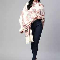 WEAVERS VILLA Women White & Peach-Coloured Floral Woven Design Fusion Shawl-27
