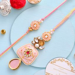 House of Pataudi Set Of 2 Kundan-Studded & Beaded Rakhi With Roli Rice & Greeting Card-image-84
