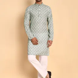 Vardha Geometric Ikat Printed Mandarin Collar Lanes Net Cotton Straight Kurta-image-10