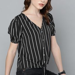 Harvard Black & White V-Neck Striped Top-image-83