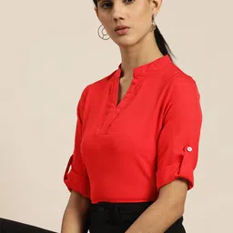 her by invictus Red Solid Roll-Up Sleeves Top-picture-38