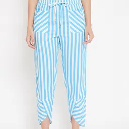 HYPERNATION Women Turquoise & White Striped Rayon Pyjama-image-71