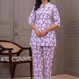 Moda Rapido Floral Printed Mandarin Collar Pure Cotton Top With Trousers Co-Ords-picture-42