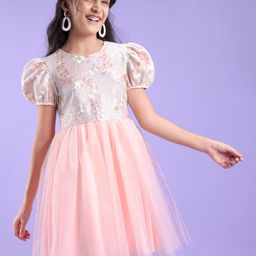Pine Kids Half Sleeves Embroidered Knee Length Party Wear Dress - Peach-image-16