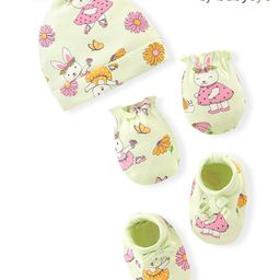Babyoye  100% Cotton with Eco Jiva Finish Solid Dyed Na Caps Mittens & Booties Set Bunny Print - Pista Green-23