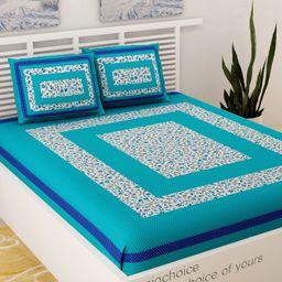 UniqChoice Color 100 Percent Cotton Jaipuri Traditonal Double BedSheet With 2 Pillow Cover - Turquoise-27