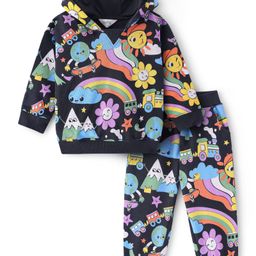 Bonfino 100% Cotton Knit Full Sleeves Floral Printed Hoodie & Joggers Winter Wear Co-Ord Set - Black-picture-31