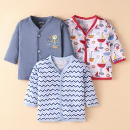 OHMS Single Jersey Knit Full Sleeves Boat Printed Front Open Vests Pack of 3 - Blue White & Grey-image-34