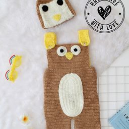 Woonie Sleeveless Crochet Owl Designed Dungaree With Cap - Beige-image-94