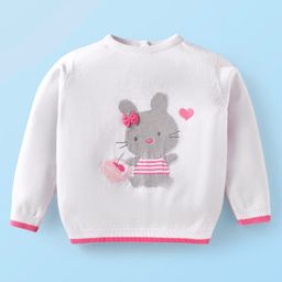 Babyhug Cotton Knitted Full Sleeves Pullover Sweater With Animal Design & Bow Applique - White-image-63