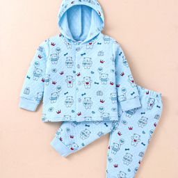 Tango Knit Full Sleeves Front Open Hooded Winter Wear Night Suit with Teddy Print - Light Blue-image-69