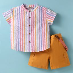 ToffyHouse Cotton Woven Half Sleeves Striped Shirt & Shorts with Suspender - White & Beige-image-26