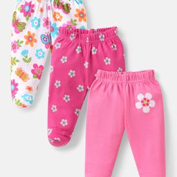 Babyhug Interlock Knit Footed Leggings with Floral Print Pack of 3 - White & Pink-image-14