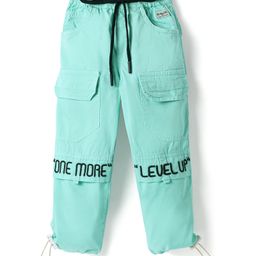Olio Kids Cotton Woven Full Length Trouser With Text Embroidery - Aqua Blue-picture-6