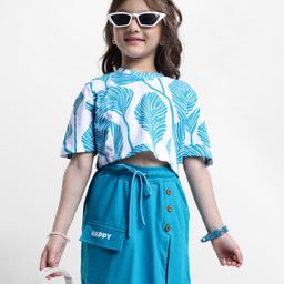 Ollington St. Cotton Half Sleeves Leafy Printed Top & Skort Set- White & Light Blue-image-93