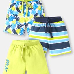 Babyhug Cotton Single Jersey Knit Striped Shorts With Leafy Print Pack of 3 - Lime Green & Navy-image-83