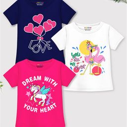 Trampoline Cotton Blend Pack Of 3 Half Sleeves Spread Love Text & Unicorn Printed Tees - Blue Pink & White-picture-10