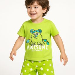 Babyhug Disney Single Jersey Knit Half Sleeves Shorts Night Suit With Monster Graphic - Limegreen-image-4