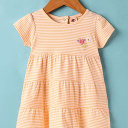 Zero Sinker Knit Half Sleeves Striped Frock With Floral Embroidery - Peach-image-94