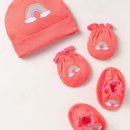 Ben Benny 100% Cotton Knit Cap Mittens & Booties Set With Rainbow Print Red - Diameter 9 cm-image-86