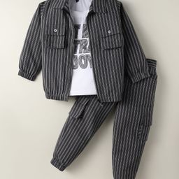 Rikidoos Full Sleeves Striped Jacket With Typography Printed Tee & Coordinating Joggers - Dark Grey & White-image-73