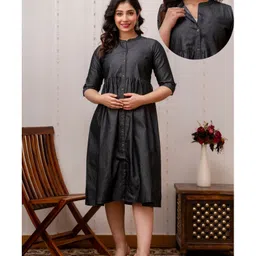 CeleBravo Denim Three Fourth Sleeves Solid Maternity Dress With Nursing Access - Black-picture-9