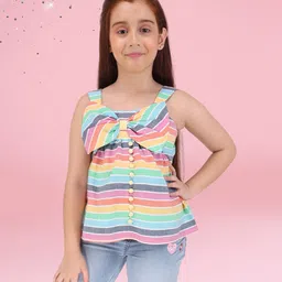 Cutecumber Cotton Woven Sleeveless Striped & Bow Applique Detailed Top - Multi Colour-picture-23
