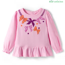 Babyoye 100% Cotton Knit With Eco Jiva Finish Full Sleeves Top with Bow Print - Pink-picture-17
