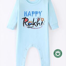 BLUSHES 100% Cotton Knit Raksha Bandhan Theme Full Sleeves Happy Rakhi Text Printed Romper - Aqua Blue-image-94