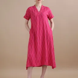 BLACK & BLAH BLAH Women Relaxed Fit Kantha Printed A-Line Midi Dress-image-96