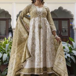 Anouk Floral Printed Lace Embellished Pure Cotton Anarkali Kurta With Trouser & Dupatta-picture-19