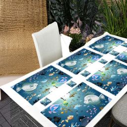 REVEXO 12Pc Blue & Green Printed Non Slip Table Placemats With Coasters-2