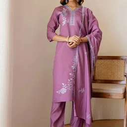 SKYLEE Floral Embroidered Straight Kurta With Trousers & Dupatta-picture-1