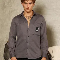 Campus Sutra Charcoal Grey Ribbed-Knit Utility Shirt-picture-19