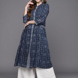 Biba Women Navy Blue & White Ethnic Motifs Printed Kurta with Inner-48