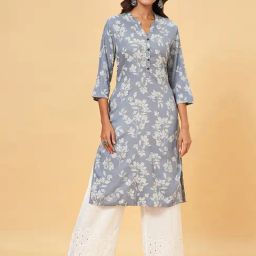 Rangmanch by Pantaloons Grey Floral Print Straight Kurta-picture-3