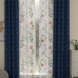 ROSARA HOME Navy Blue & White Set of 4 Sheer Long Door Curtains-54