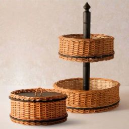 Peepul Tree Storage Box & 2 Tier Collapsable Fruit Basket Combo - Wicker & Wood-picture-3