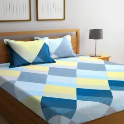 Klotthe Geometric Blue & Yellow 210 TC Cotton King Bedsheet with 2 Pillow Covers-image-1