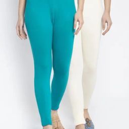 Gracit Off-White & Blue Mid Rise Leggings - Pack Of 2-image-97